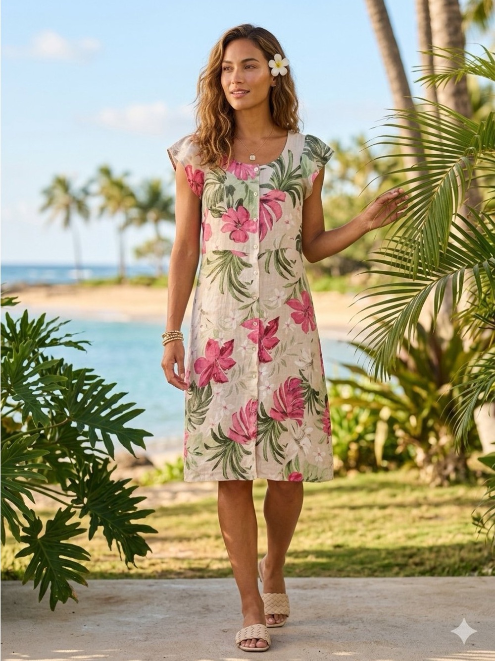 Valentina Naldi 100% Linen Tropical Floral Button-Front Dress L